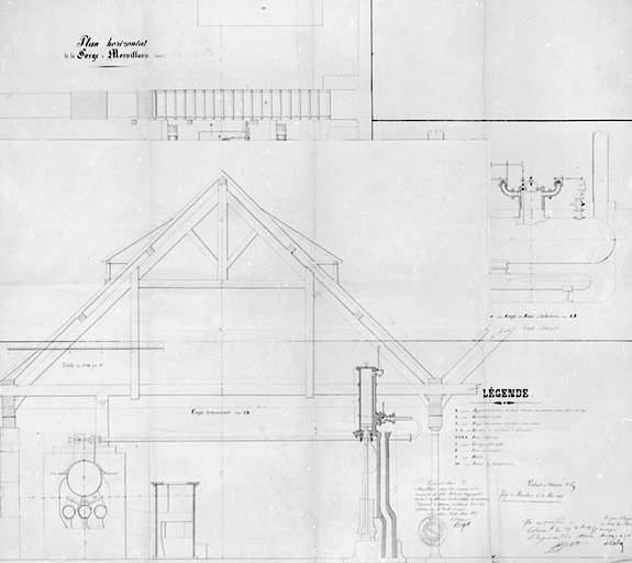 Plan horizontal de la forge de Morvillars (1857) [coupe transversale de la chaufferie].