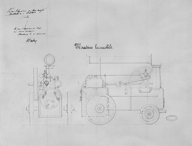 Machine locomobile [vue de face et de côté].
