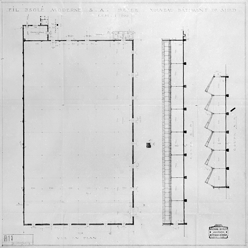 Fil Isolé Moderne S.A. Delle - Nouveau bâtiment de shed - R 11 [Coupes et plan au sol].