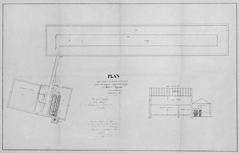 Plan dressé à l'appui d'une demande en autorisation d'établir divers appareils à vapeur dans le tissage de M. Winckler à Rougemont [plan et coupe longitudinale de la salle de la machine à vapeur].