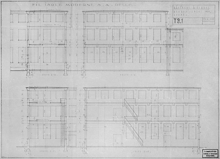 Fil Isolé Moderne S.A. Delle - Bâtiment à étages. Agrandissement 1929. Coupes - T 3.1.