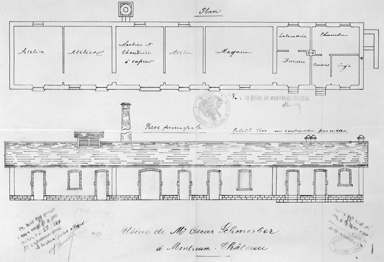 Usine de monsieur Oscar Schmerber à Montreux-Château [plan et élévation].
