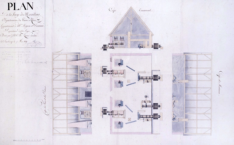 Plan de la forge de Morvillars [...]. Coupe des marteaux, coupe transversale, coupe des feux et des pistons.