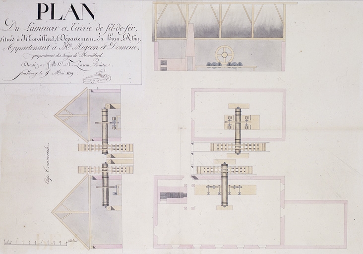 Plan du laminoir et tirerie de fil-de-fer [coupe longitudinale, coupe transversale et plan au sol].