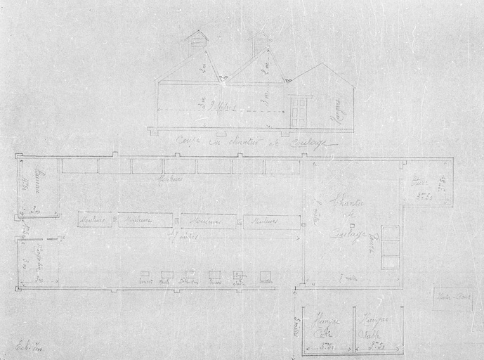 Plan-masse de l'usine et élévation de la façade antérieure.