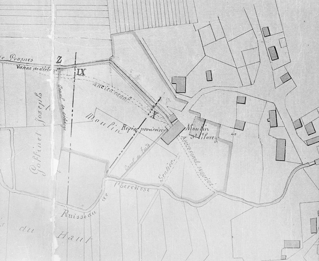 Plainte des Srs Gros et consorts [...] contre l'exhaussement de la retenue du moulin de Grosnes au sieur Clavey. Plan des lieux.