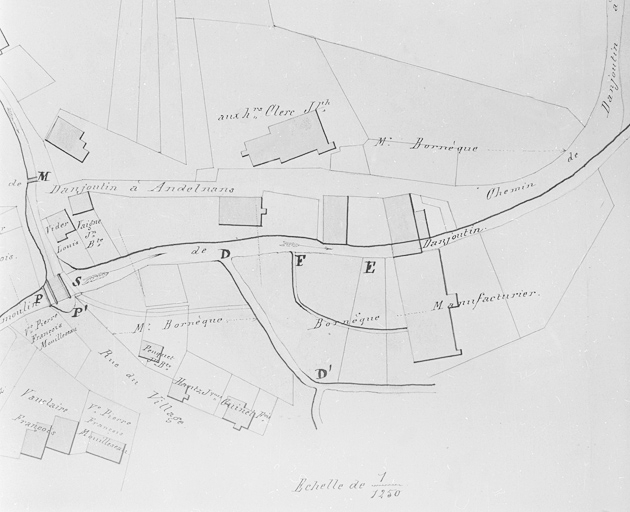 Plan général d'une partie du village de Danjoutin et du cours de la Savoureuse [...] sur la demande formée par M. Bornèque, manufacturier demeurant à Bavilliers, dans le but d'être autorisé à construire un tissage mécanique à côté du moulin [...].