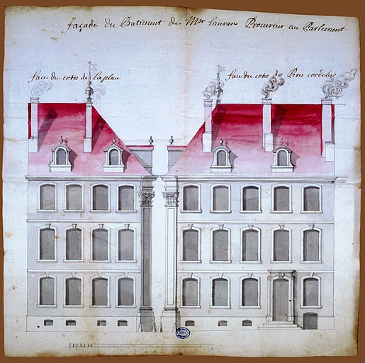 Elévation des façades : dessin à grande échelle. Dessin à la plume aquarellé, 1739.