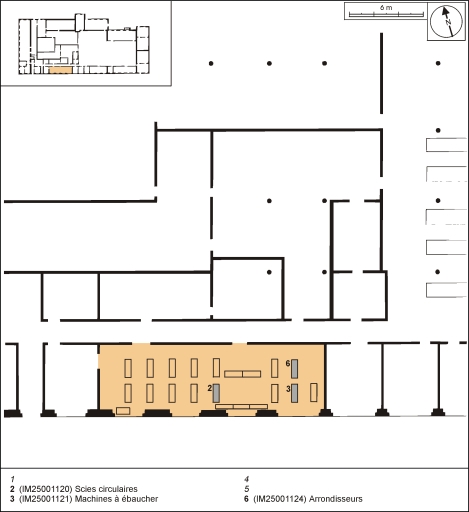 Plan de localisation des machines de la ligne de fabrication des têtes de pipe en bruyère. Atelier de finissage.