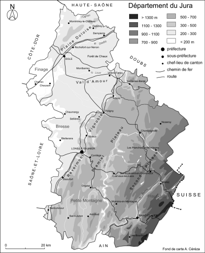 Carte topographique du Jura, avec la préfecture, les sous-préfectures et les chefs-lieux de cantons.