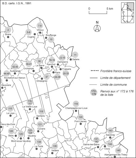 Carte de localisation des édifices industriels étudiés : partie nord-est.Fonds de carte : BD carto IGN 1991.