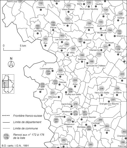 Carte de localisation des édifices industriels étudiés : partie centre-ouest.Fonds de carte : BD carto IGN 1991.