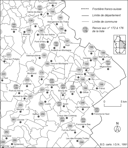 Carte de localisation des édifices industriels étudiés : partie centre-est.Fonds de carte : BD carto IGN 1991.