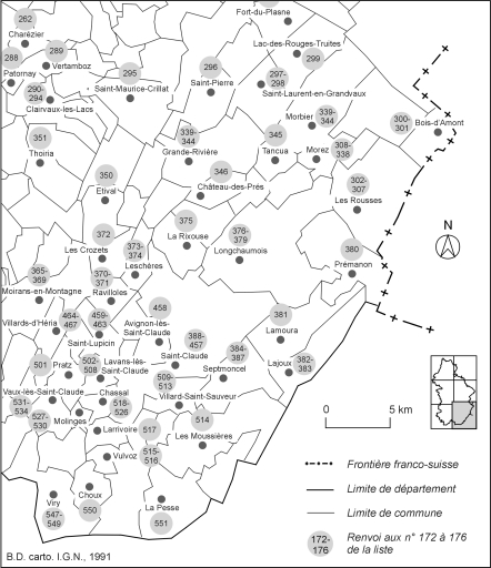 Carte de localisation des édifices industriels étudiés : partie sud-est.Fonds de carte : BD carto IGN 1991.
