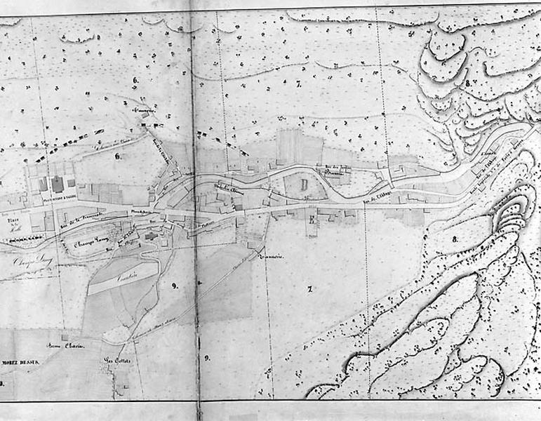 Morez. Plan d'alignements [plan dépliant : 5e partie, à droite], 1845-1859.