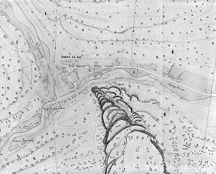 Morez. Plan d'alignements [plan dépliant : 2e partie, à gauche], 1845-1859.