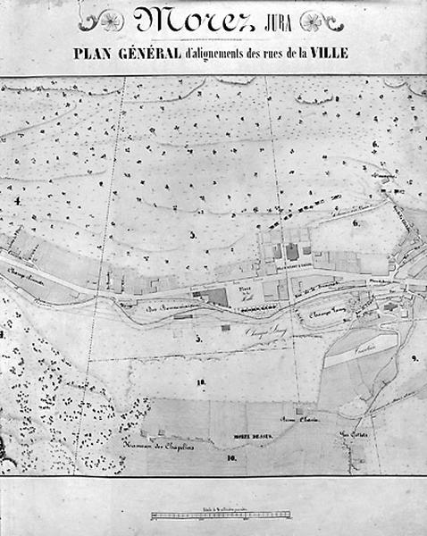 Morez. Plan d'alignements [plan dépliant : 3e partie, au centre], 1845-1859.
