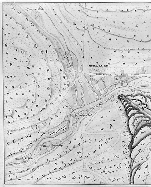 Morez. Plan d'alignements [plan dépliant : 1ère partie, à gauche], 1845-1859.