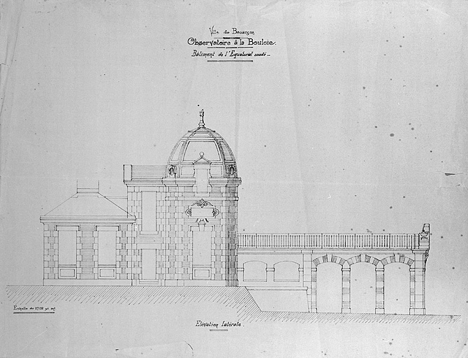 Ville de Besançon. Observatoire à la Bouloie. Bâtiment de l'équatorial coudé. Elévation latérale [variante de l'élévation ouest], 1883-1884.