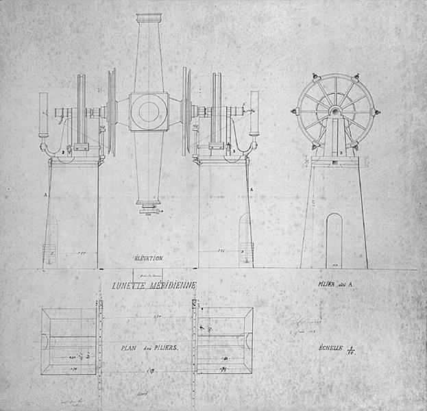 Lunette méridienne. Elévation, pilier côté A [et] Plan des piliers, 1883.