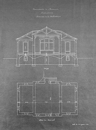 Université de Besançon. Observatoire. Bâtiment de la bibliothèque. Coupe [et] Plan du sous-sol, 1ère moitié 20e siècle ?