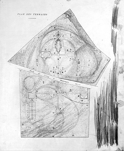 Plan des terrains [plan imprimé de 1892 surchargé du projet de transformation en parc boisé], 1903.