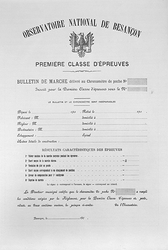 [Bulletin de marche d'un chronomètre de poche, première classe d'épreuves], entre 1900 et 1904.