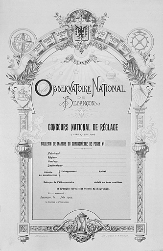 [Bulletin de marche d'un chronomètre de poche au concours national de réglage des 4 avril-3 juin 1905].