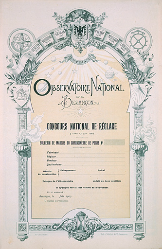 [Bulletin de marche d'un chronomètre de poche au concours national de réglage des 4 avril-3 juin 1905].