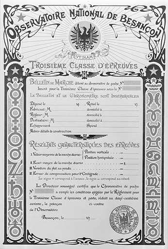 [Bulletin de marche d'un chronomètre de poche, troisième classe d'épreuves], 1ère moitié 20e siècle.