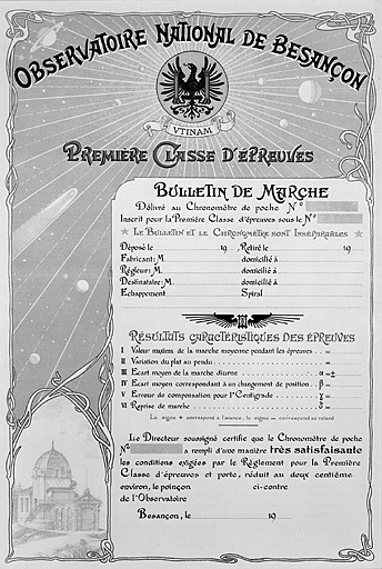 [Bulletin de marche d'un chronomètre de poche, première classe d'épreuves], 1ère moitié 20e siècle.