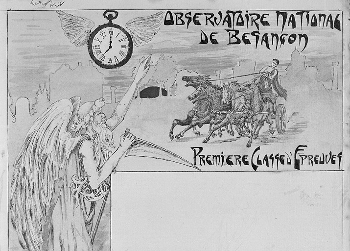 Le temps arrête le soleil à l'heure de se coucher (profil de l'observatoire) [projet de décor pour un bulletin de marche, 1ère classe d'épreuves : détail de la partie supérieure], limite 19e siècle 20e siècle.