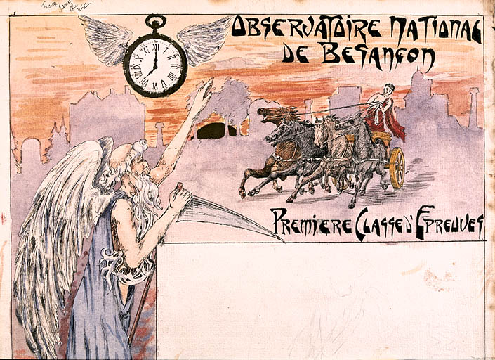 Le temps arrête le soleil à l'heure de se coucher (profil de l'observatoire) [projet de décor pour un bulletin de marche, 1ère classe d'épreuves : détail de la partie supérieure], limite 19e siècle 20e siècle.