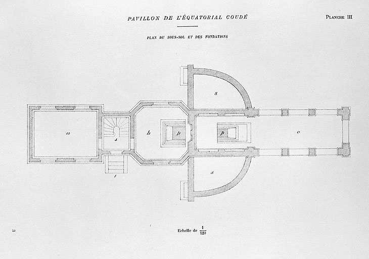 Pavillon de l'équatorial coudé. Plan du sous-sol et des fondations, 1892.