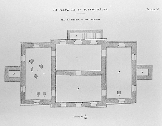 Pavillon de la bibliothèque. Plan du sous-sol et des fondations, 1892.