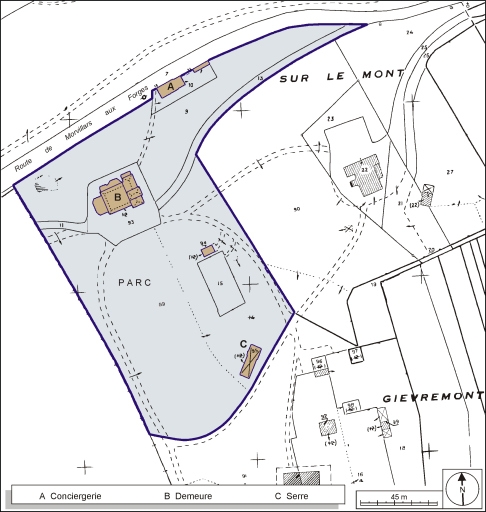 Plan-masse et de situation. Extrait du plan cadastral, 1984, section B, 1:1000 réduit à 1:1500.