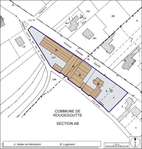 Plan-masse et de situation.Montage d'extraits de plan cadastral, Giromagny, 1984, section AI, 1:1000 et Rougegoutte, 1983, section AH, 1:1000.