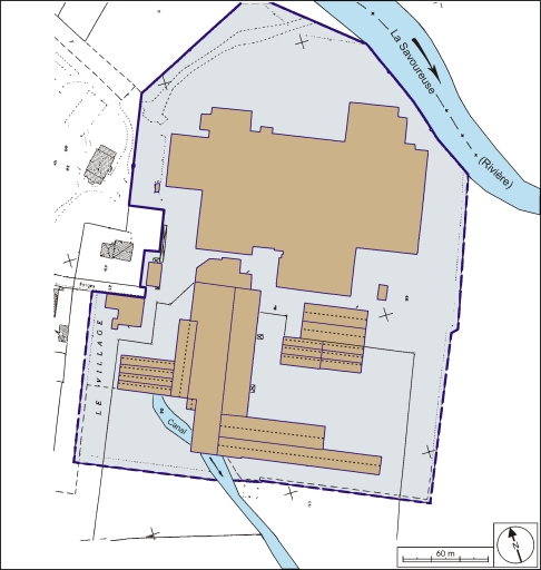 Plan-masse de l'usine. Extrait du plan cadastral, 1991, section AM, 1:1000 réduit à 1:2000.