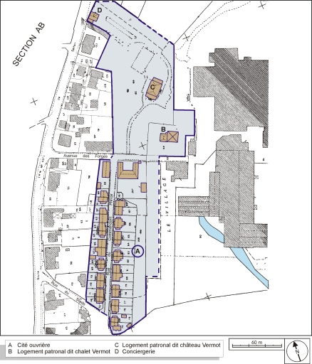 Plan-masse de la cité ouvrière du Commandant Prince et des logements patronaux. Extrait du plan cadastral, 1991, section AM, 1:1000 réduit à 1:2000.