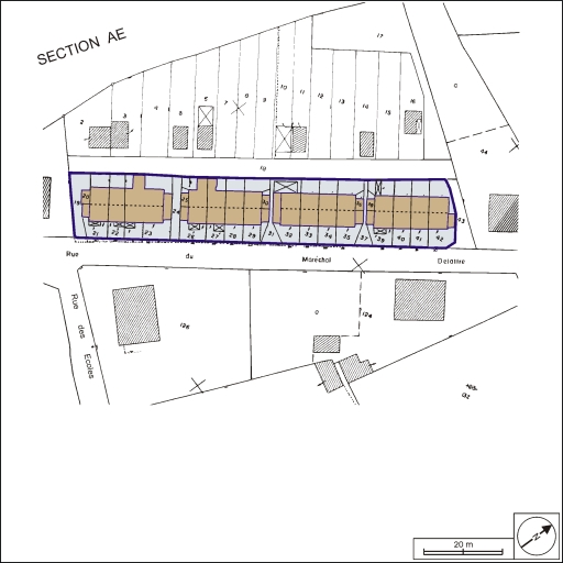 Plan-masse de la cité ouvrière rue du Maréchal Delattre de Tassigny. Extrait du plan cadastral, 1991, section AC, 1:500 réduit à 1:750.