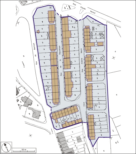 Plan-masse de la cité ouvrière rues de la République et Bernard Marré. Extrait du plan cadastral, 1991, section AA, 1:500 réduit à 1:1000.