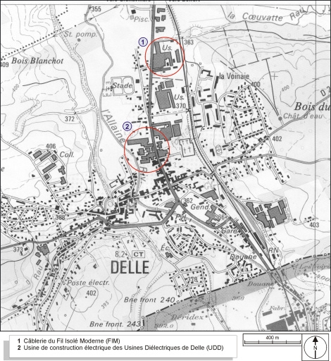 Carte de localisation des oeuvres étudiées. D'après la carte topographique I.G.N., Delle 3622 ouest, 1:25 000, agrandi au 1:12 500.