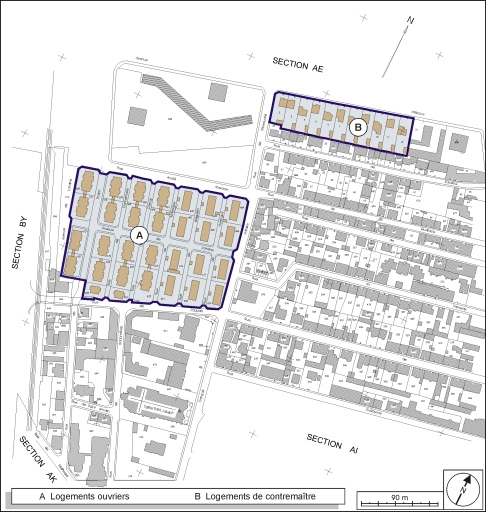 Plan de situation des logements d'ouvriers et des logements de contremaître. Extrait du plan cadastral, 2001, section AH, 1:1000 réduit à 1:3000.