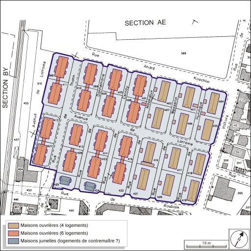Plan-masse des logements ouvriers. Extrait du plan cadastral, 2001, section AH, 1:1000 réduit à 1:1500.
