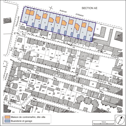 Plan-masse des logements de contremaître. Extrait du plan cadastral, 2001, section AH, 1:1000 réduit à 1:1500.