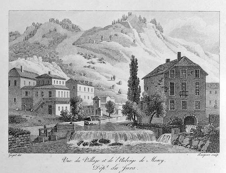 Vue du village et de l'auberge de Morey, Dépt du Jura, limite 18e siècle 19e siècle ?