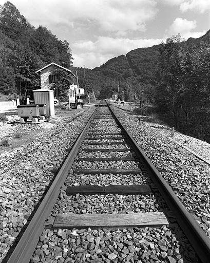 Exemple de voie avec traverses en bois. Voie ferrée au point kilométrique 070.700, en aval du passage à niveau n° 54 (commune de Saint-Claude).