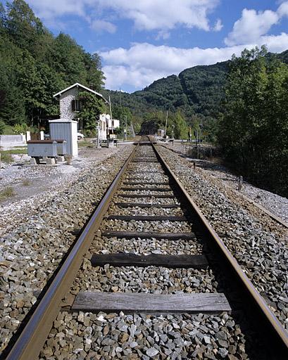 Exemple de voie avec traverses en bois. Voie ferrée au point kilométrique 070.700, en aval du passage à niveau n° 54 (commune de Saint-Claude).