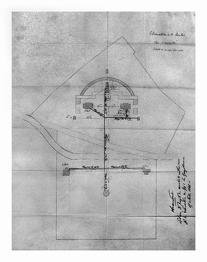 Observatoire de la Bouloie. Plan d'ensemble : Plan et projet de canalis[ati]on extérieure p[ou]r la distribution du gaz à la gazoline, 1884.