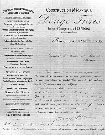 Papier à en-tête de la société de construction mécanique Douge Frères à Besançon. 1890.
